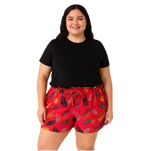 Liz Banks Red Tropical Print Cotton Shorts Size 3x Paper Bag Waist - Picture 1 of 6